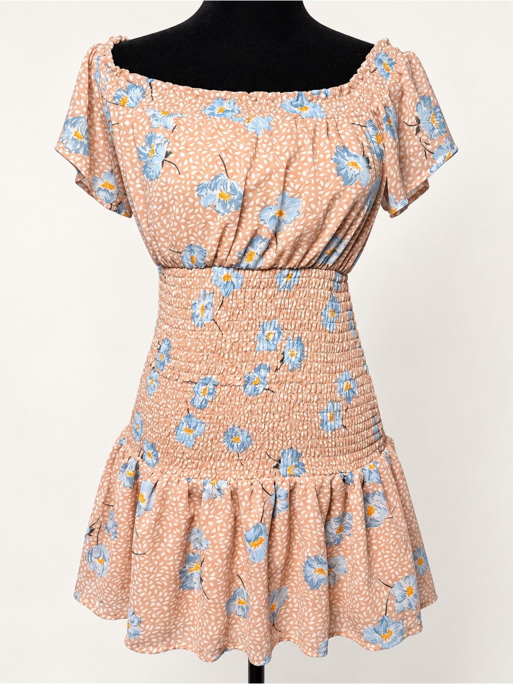 Crystal Doll Floral Smocked Off-Shoulder Ruffle Mini Dress Size S